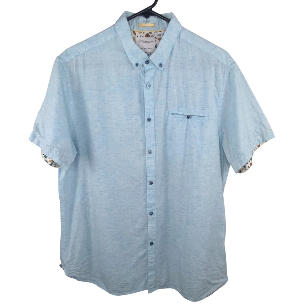 DENIM & FLOWER RICKY SINGH Mens Button Down Shirt Light Blue Floral‎ Trim Size L
